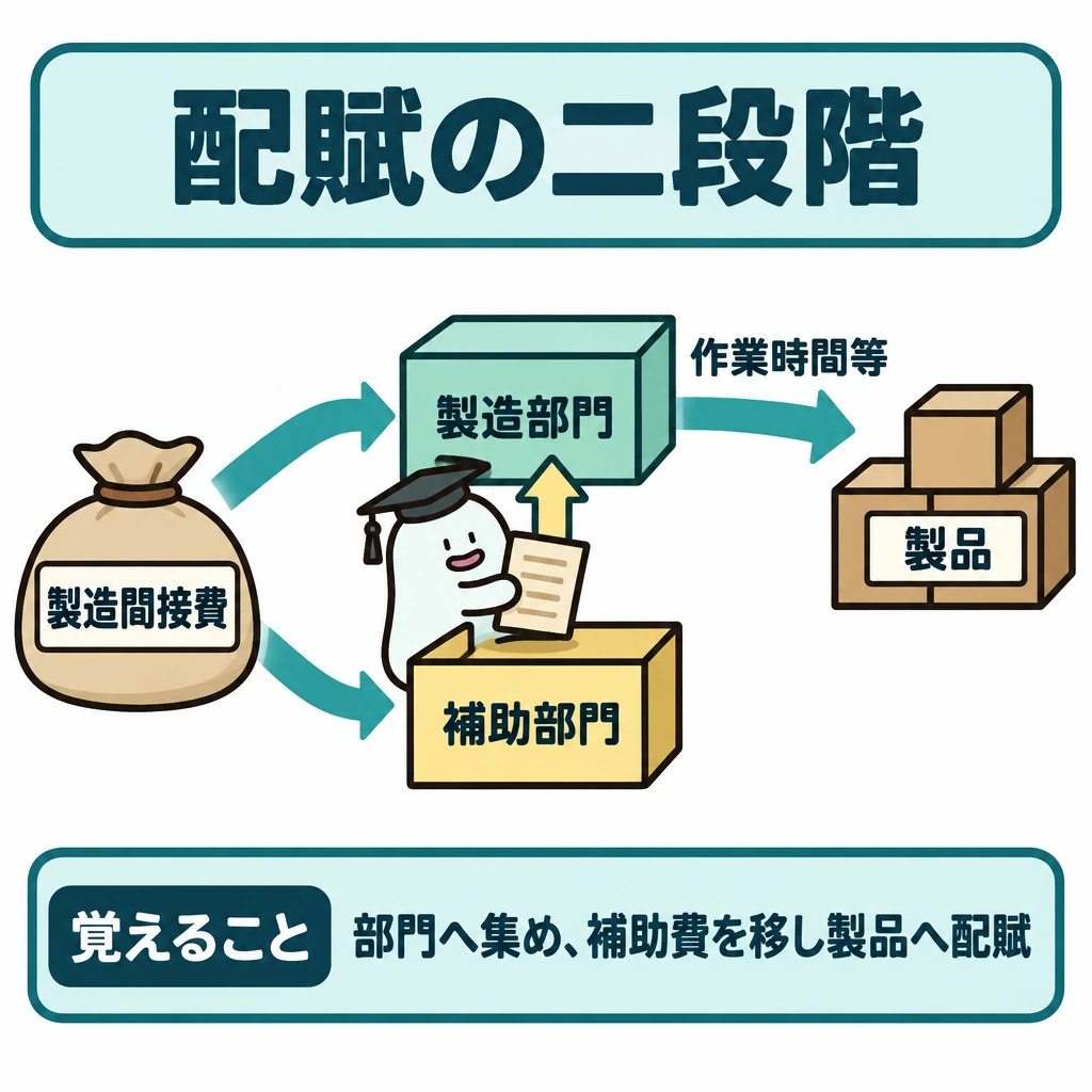 配賦を二段階に分けるの図解。左の製造間接費から中央の製造部門・補助部門へ矢印を分け、共通費は原因に合う基準で配る。中央では補助部門から製造部門へ矢印を向け、製造部門から右の製品へ作業時間等に基づく矢印を伸ばす。