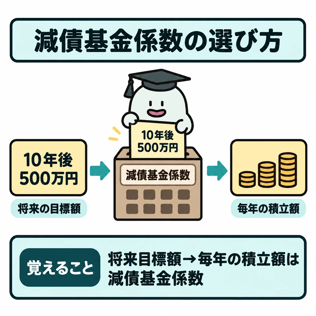 三つの資料と六つの係数の図解。左に「10年後500万円」という将来の目標額、中央に減債基金係数、右に求める「毎年の積立額」を置き、左から右へ一本の矢印でつなぐ。