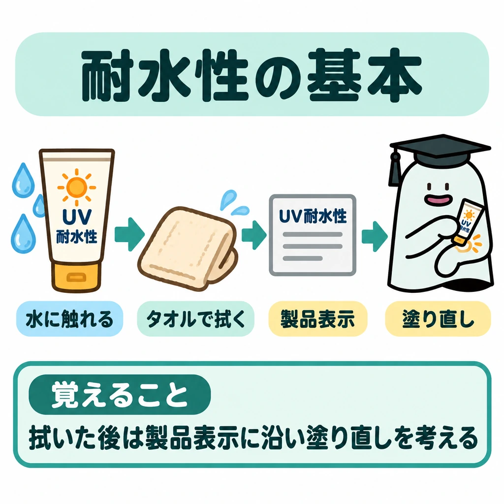 基本の仕組みの図解。左に水滴と「UV耐水性」表示のある日焼け止め、中央に使用後のタオル、右にエルくんを配置する。タオルから製品表示を経てエルくんの腕へ矢印をつなぎ、拭いた後は表示に沿って塗り直しを考える流れを示す。