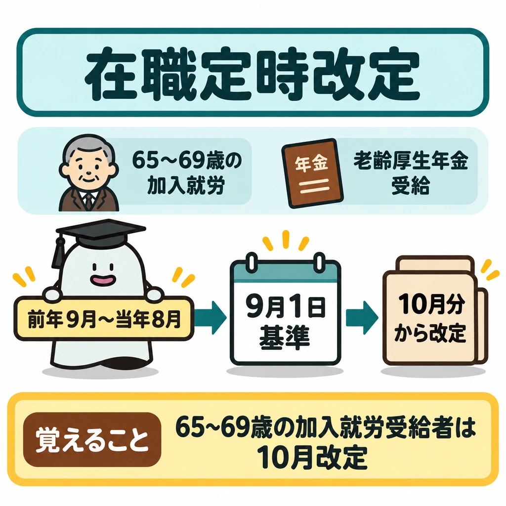 在職定時改定・繰下げ・振替加算の図解。左から右へ「前年9月〜当年8月の加入期間」→「9月1日基準」→「10月分から改定」の順に並べ、矢印でつなぐ。上部に、対象が65歳以上70歳未満で厚生年金に加入して働く受給者であることを示す。