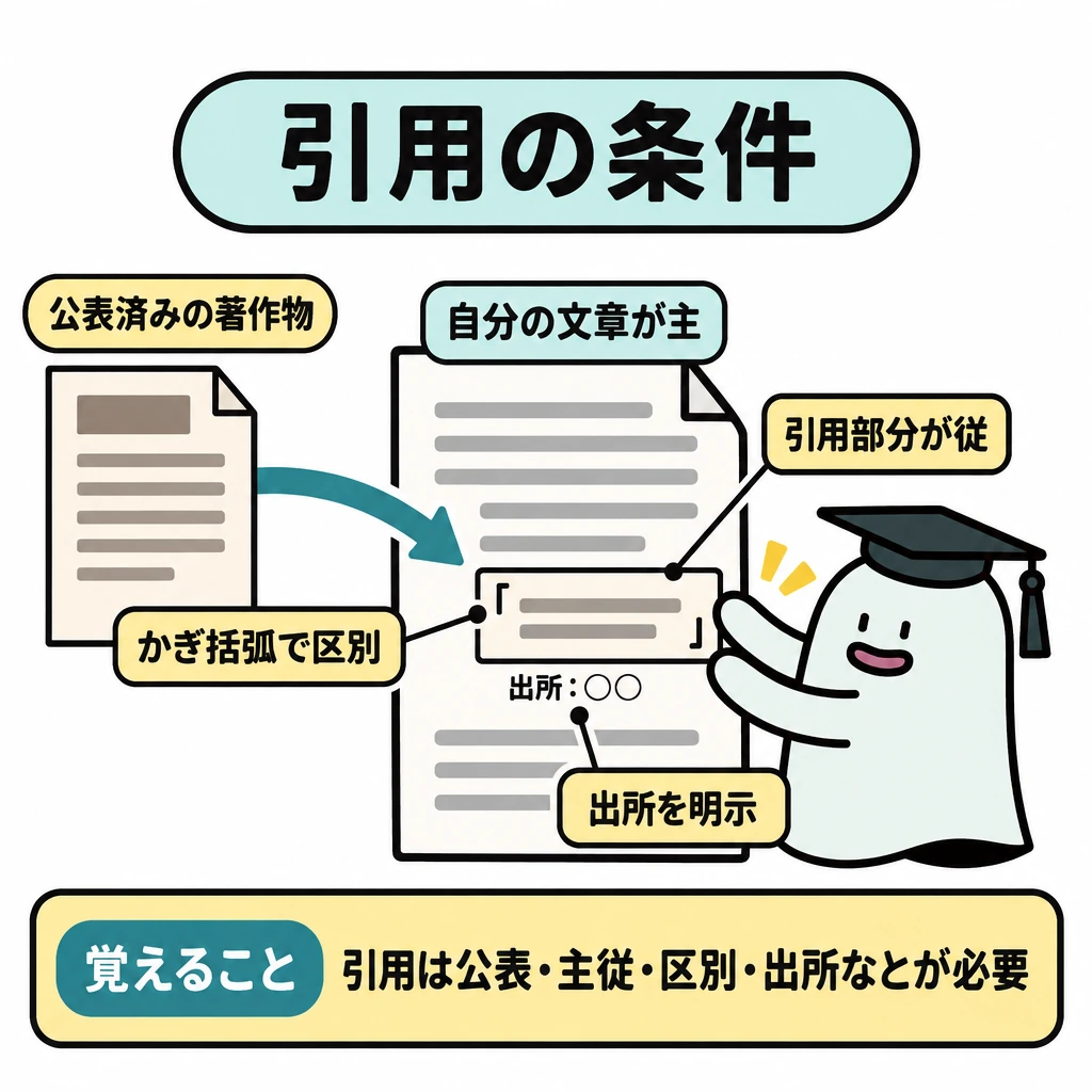 基本の仕組みの図解。中央の大きな原稿では自分の文章を主にし、その中へ小さな引用部分を従として置く。引用部分をかぎ括弧で囲み、出所を直下に記す。左の「公表済みの著作物」から引用部分へ矢印を引く。