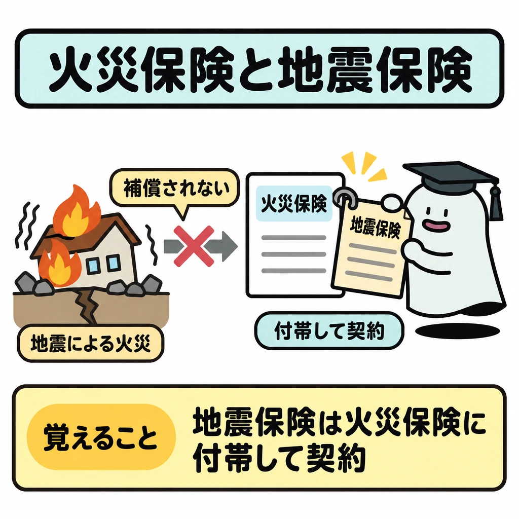 火災保険・地震保険と失火責任の図解。左に地震による火災、中央に火災保険、右に地震保険を配置する。火災から火災保険への矢印は×で遮り、地震保険は火災保険に留め具でつながった付帯契約として描く。