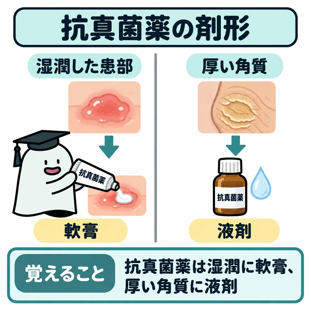 皮膚・歯・口中の成分を目的で分けるの図解。画面を縦線で左右に分け、左に「湿潤した患部→軟膏」、右に「厚い角質→液剤」を並べる。どちらも患部の状態から適する剤形へ矢印を向ける。
