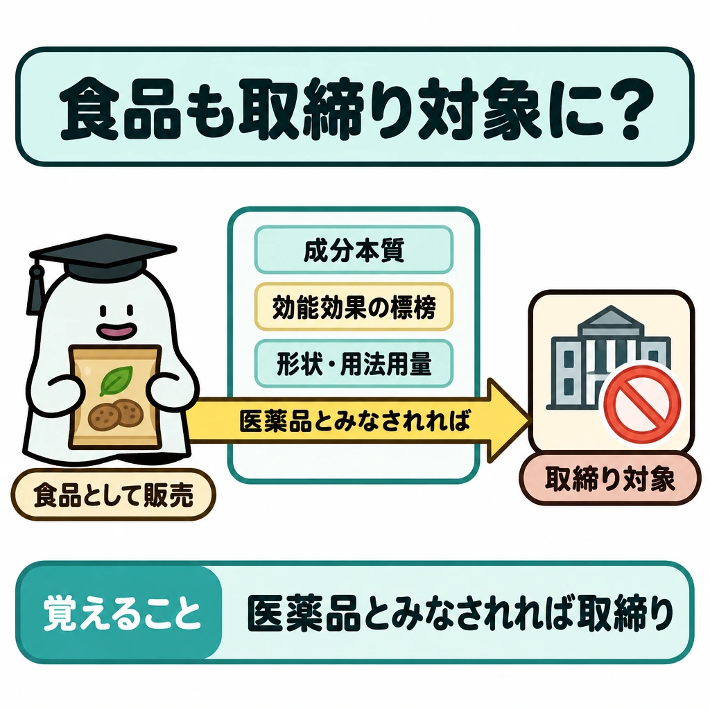 何を何の制度で規制するかの図解。左の「食品として販売」の包装から、中央の判定枠を通って右の「取締り対象」へ向かう一本の矢印を描く。判定枠には成分本質・効能効果の標榜・形状・用法用量の4観点を並べ、「医薬品とみなされれば」という条件を矢印上に示す。