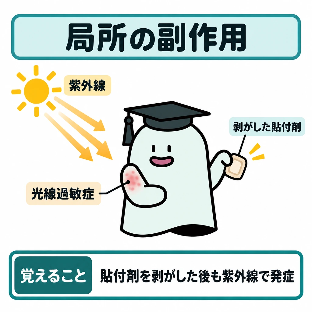 局所に現れる副作用の図解。中央のエルくんが腕から剥がした貼付剤を持ち、左上から紫外線の矢印が腕の皮膚へ向かう。腕の発疹に「光線過敏症」を添え、場面は分割しない。