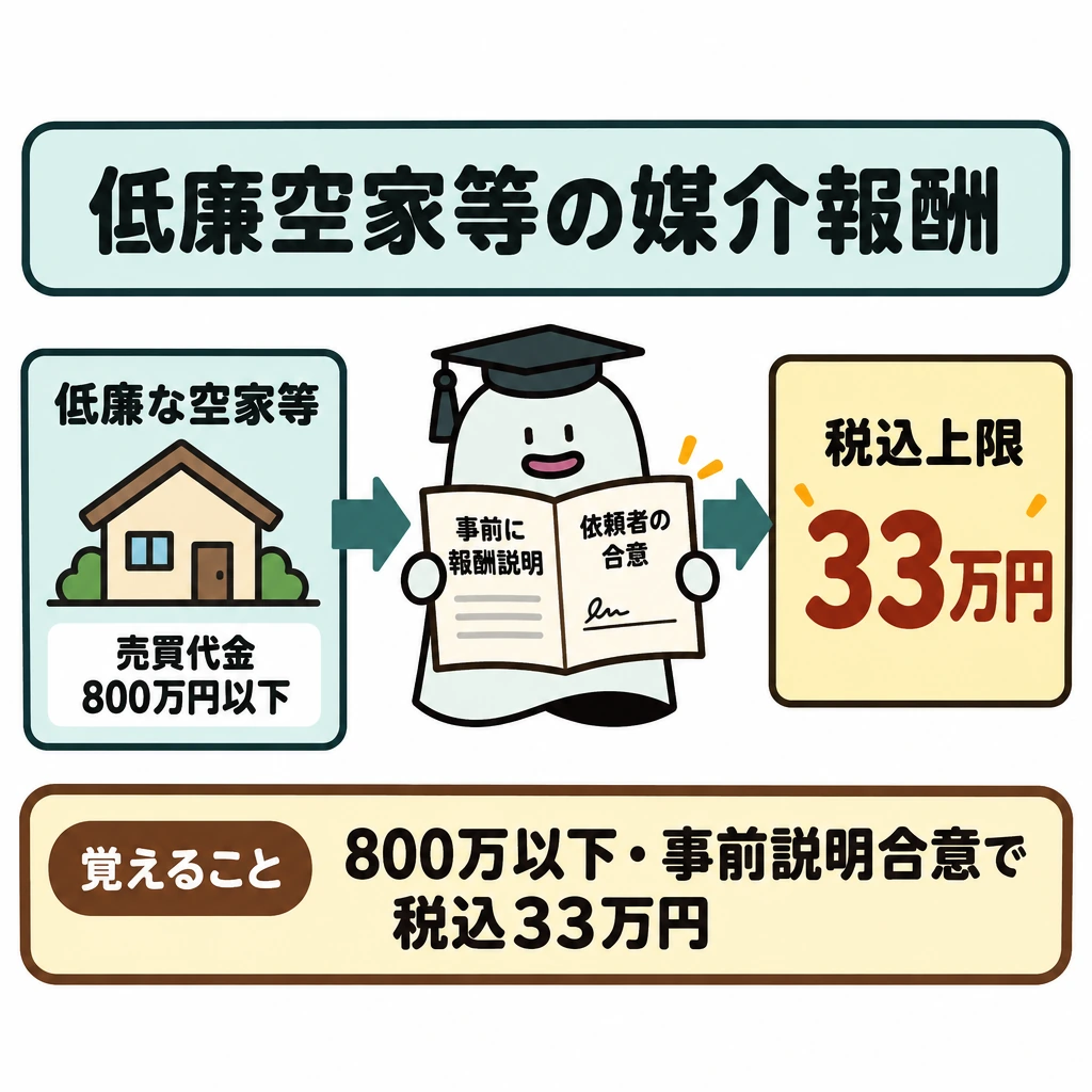 低廉な空家等の報酬特例の図解。正方形の左に「低廉な空家等」「売買代金800万円以下」をまとめ、中央の媒介契約書へ矢印を引く。契約書上で「事前に報酬説明」→「依頼者の合意」の順を示し、右の「税込上限33万円」へつなぐ。