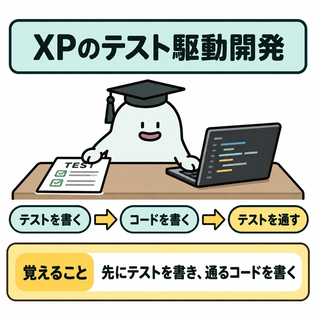 XPの代表的なプラクティスの図解。一つの作業机の左にテスト用紙、右にコード編集画面を置き、左から右への矢印で「先にテストを書く→それを通すコードを書く」の順序を示す。場面を仕切らず、右端に「テストを通す」をゴールとして添える。