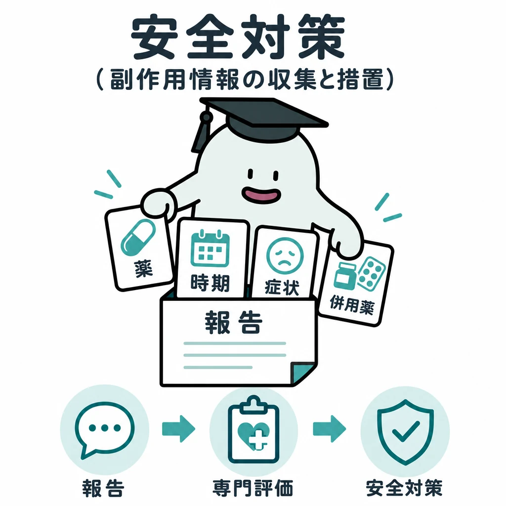 エルくんが説明する図解。薬/時期/症状/併用薬の記録→報告→専門評価→安全対策。