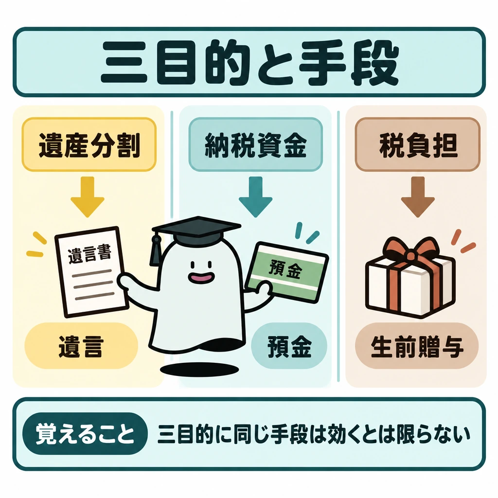 三つの目的に手段を対応させるの図解。画面を縦の仕切りで三列に分け、左から遺産分割と遺言、納税資金と預金、税負担と生前贈与を配置する。各列の目的から手段の例へ下向きの矢印を引き、列をまたぐ矢印は描かない。