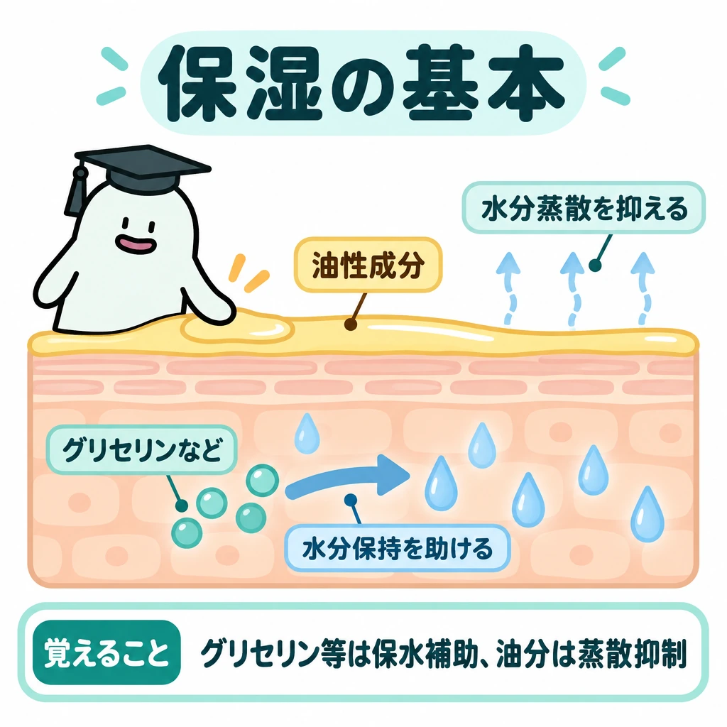 基本の仕組みの図解。中央に肌の断面を大きく描く。肌の中では「グリセリンなど」から水分へ向かう矢印で水分保持の補助を示し、肌表面の「油性成分」の上には細い上向き矢印で水分蒸散が抑えられる様子を示す。