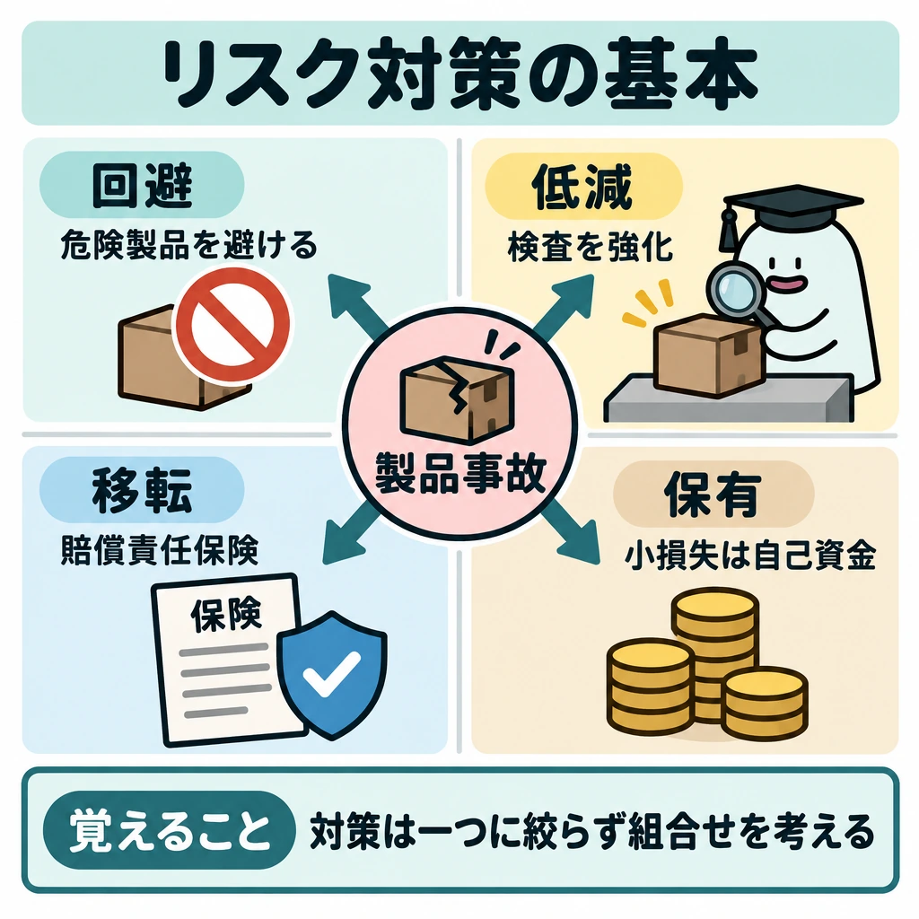 基本の仕組みの図解。中央に「製品事故」を置き、そこから四方向に矢印を伸ばして、回避・低減・移転・保有を一つの図で比較する。四つの区画は細い仕切りで分け、下部の「覚えること」へ視線が流れる配置にする。