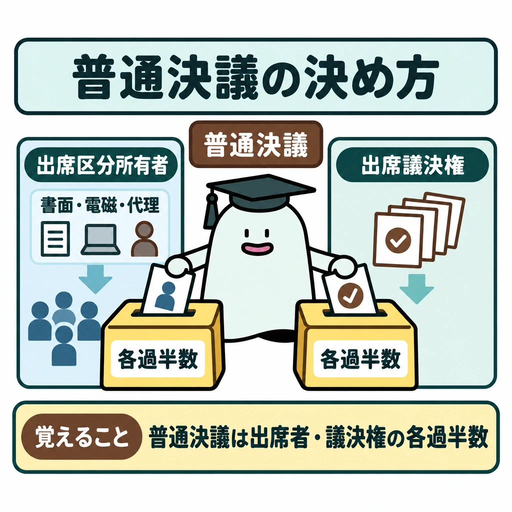 専有・共用と決議を分けるの図解。2026年4月以降の普通決議を、左の「出席した区分所有者」と右の「出席議決権」に二分し、それぞれ過半数の賛成が必要な図にする。書面・電磁的方法・代理人による議決権行使も出席者側に含める。