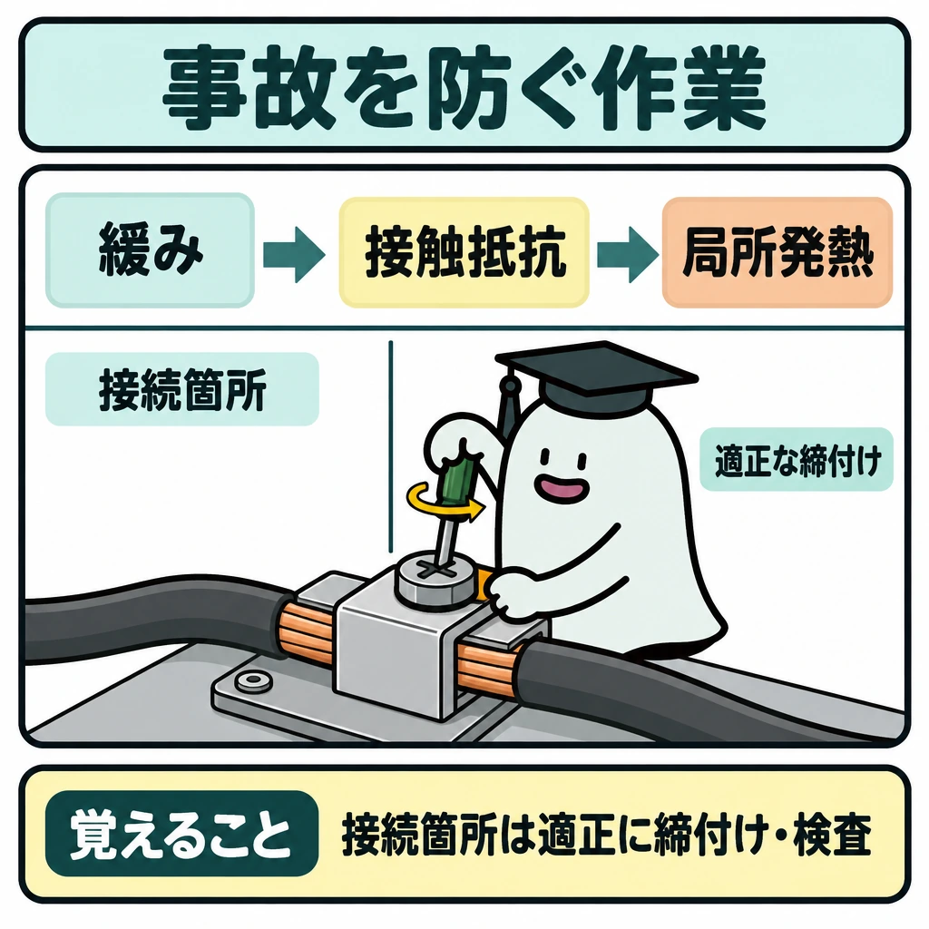 事故を防ぐ設備と作業手順の図解。正方形の上段に「緩み→接触抵抗→局所発熱」を左から右への矢印で示し、下段は仕切りで分けて接続箇所を大きく描く。エルくんがその接続箇所を締め付ける一場面に絞る。