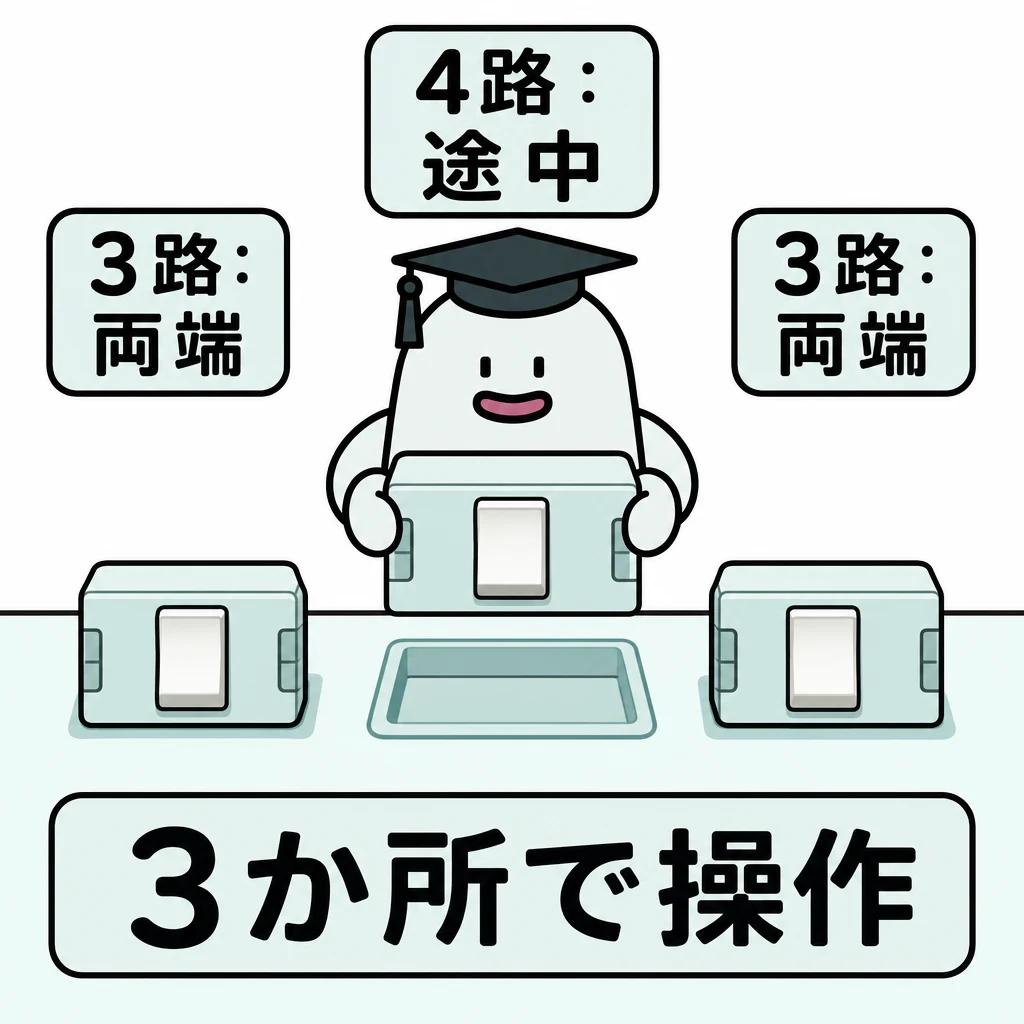 両端の3路スイッチ模型の間へエルくんが4路スイッチ模型をはめ、3か所で操作する配置を示す図。