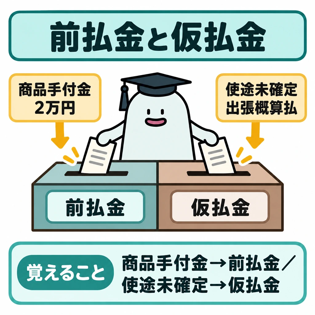 基本の仕組みの図解。一つの仕分け台を中央で左右に分ける。左の「商品手付金2万円」から「前払金」へ、右の「使途未確定の出張概算払」から「仮払金」へ、それぞれ下向きの矢印を引く。