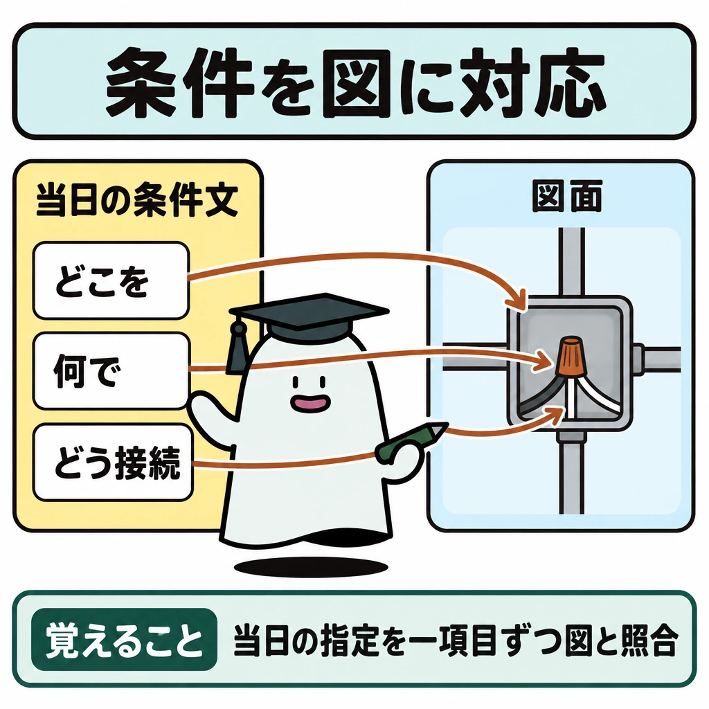 基本の仕組みの図解。左に当日の条件文を「どこを」「何で」「どう接続」の3行で置き、中央の仕切りを越える矢印で、右の一枚の図面の該当箇所・電線・接続部へそれぞれ結ぶ。図面と条件文を並べ、一項目ずつ照合する構図にする。