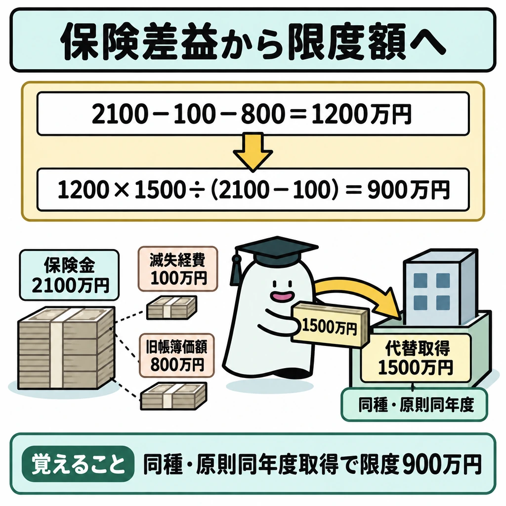 保険差益と代替資産を順に計算の図解。正方形の上段に「2100−100−800=1200万円」、下段に「1200×1500÷(2100−100)=900万円」を置き、太い下向き矢印で計算順を示す。下段の横に代替資産を描き、保険金から取得に充てる1500万円の流れを矢印で示す。「同種・原則同年度」は代替資産に添える。