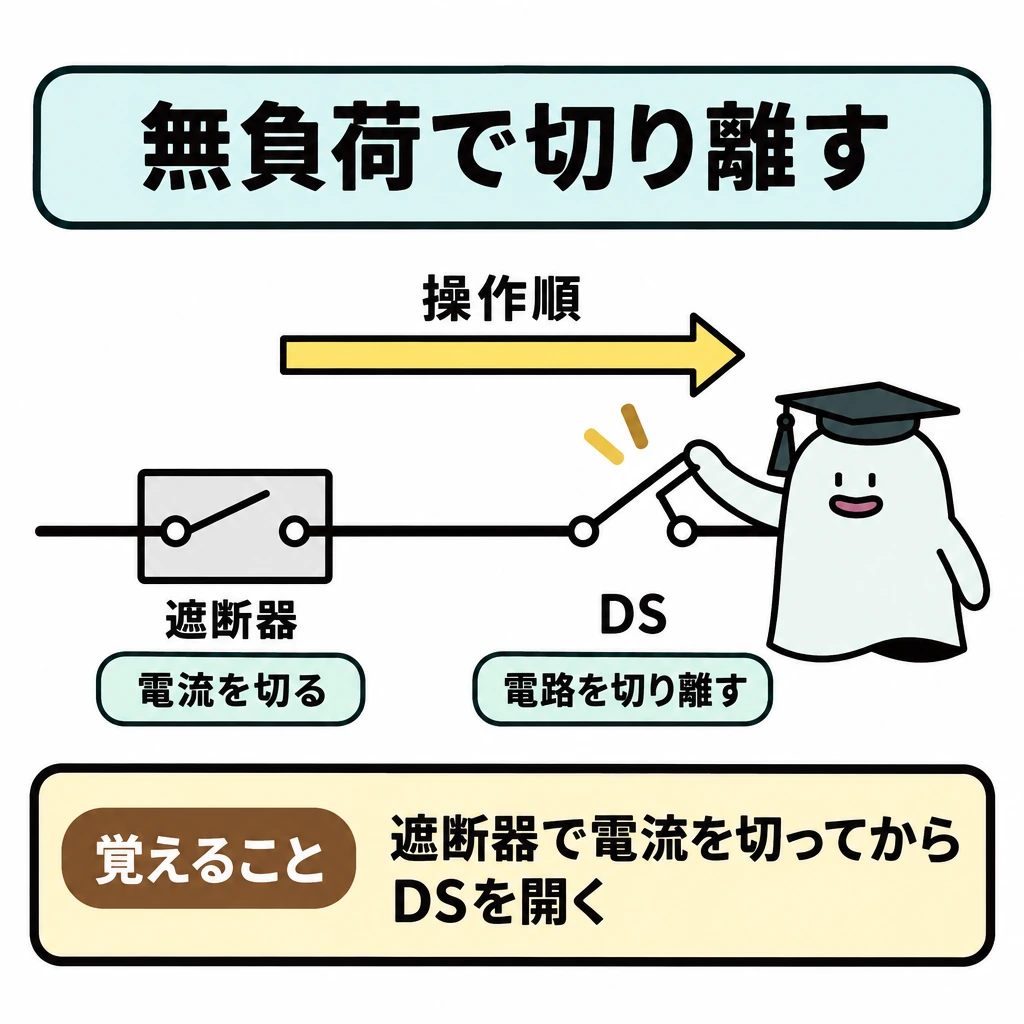無負荷で切り離す手順の図解。中央に直列の電路を描き、左の遮断器はすでに電流を切った状態、右のDSはエルくんが開く状態にする。上には左から右へ「操作順」の矢印を置き、電流の向きと混同させない。
