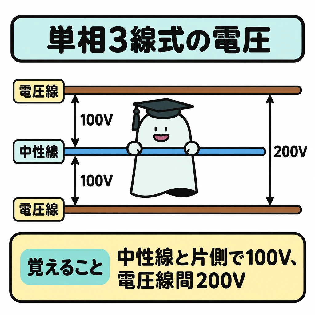 基本の仕組みの図解。三本の線を上から電圧線・中性線・電圧線の順に水平に並べる。左側に中性線と各電圧線の間を示す100Vの括弧を二つ、右側に両電圧線の間を示す200Vの括弧を一つ置く。