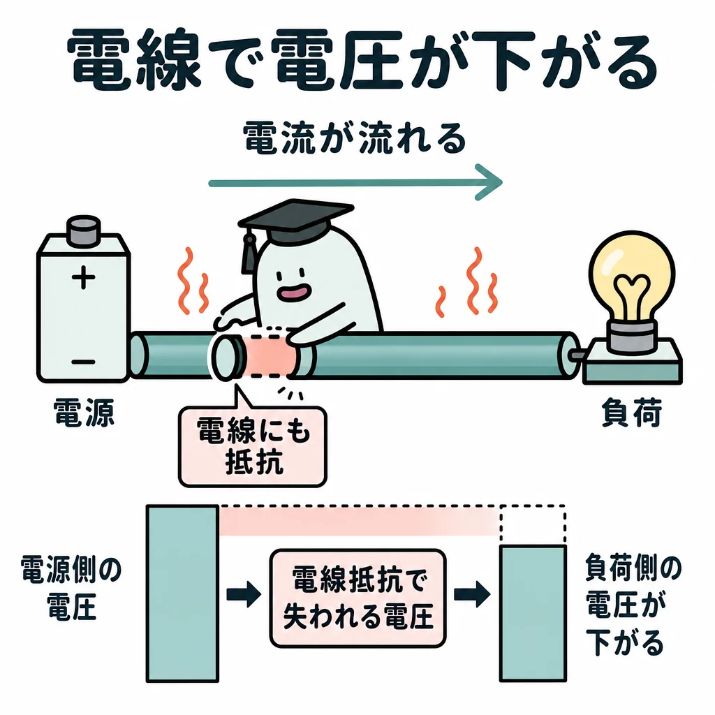 電線で電圧が下がる。電源→長い電線→負荷の横一列。