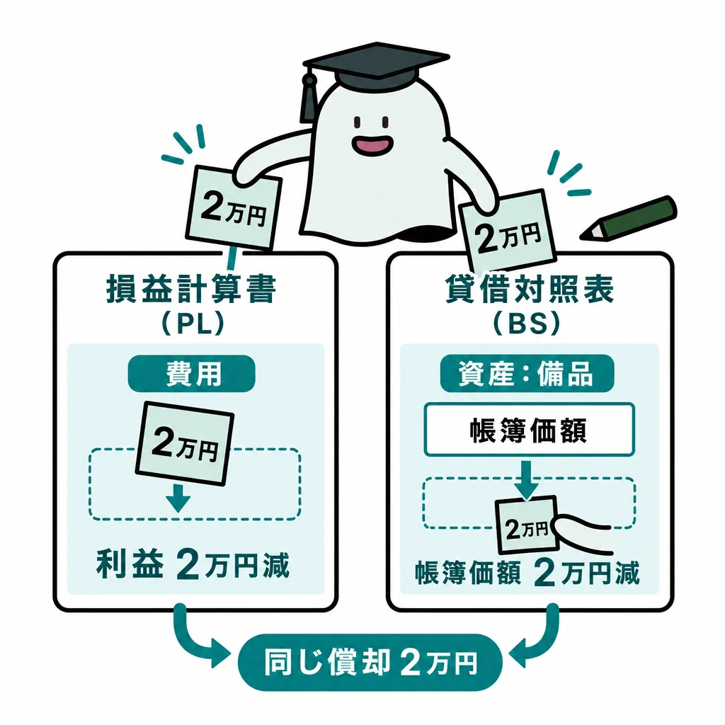 エルくんが説明する図解。償却2万円がPL費用とBS資産減の両方へ伸びる図。