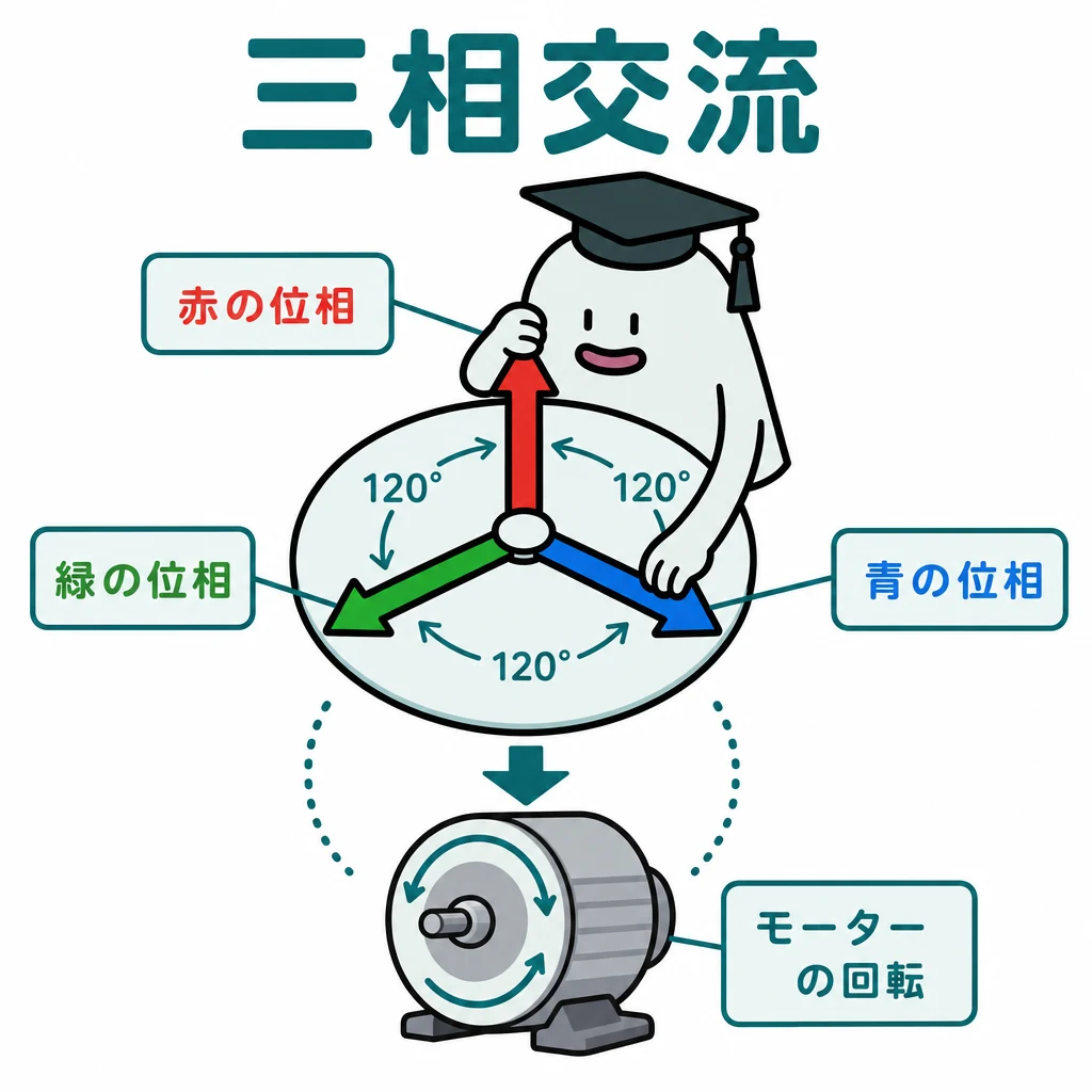 エルくんが説明する三相交流。等しい長さの3本の矢印が同じ中心から120度ずつ離れ、位相差とモーターの回転を対応させた図。
