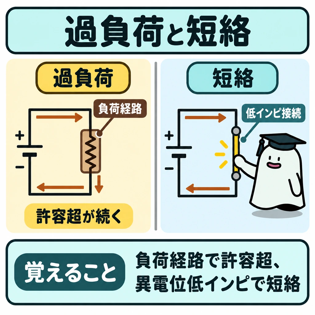 過負荷と短絡を分けるの図解。1枚の回路図を中央の仕切りで左右に分け、左は通常の負荷経路に許容超の電流が続く状態、右は異なる電位の導体を低インピーダンスの接続が結ぶ状態として描く。電流の向きは矢印で示し、左右を別の原因として見比べられるようにする。
