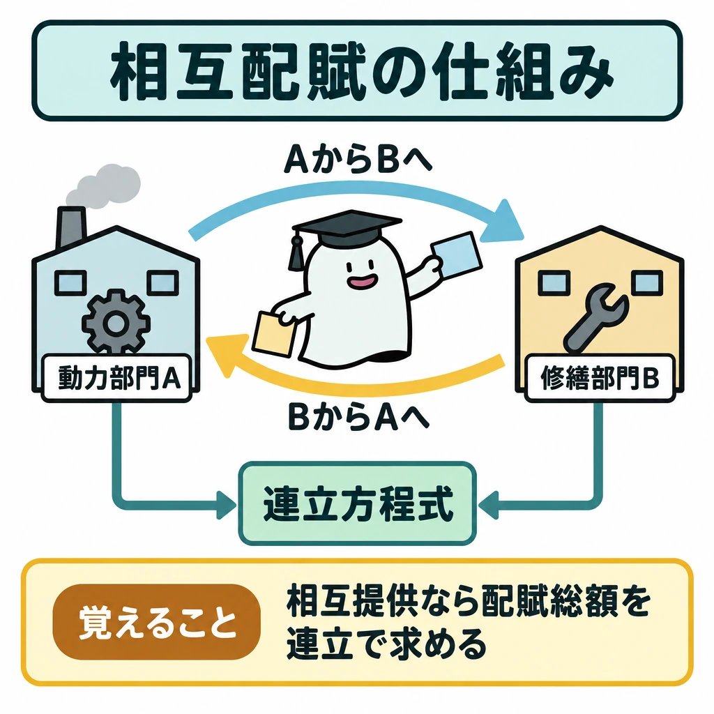 基本の仕組みの図解。左に動力部門A、右に修繕部門Bを置き、A→BとB→Aの矢印を上下に分けて描く。両部門の配賦総額には相手からの配賦も含まれることを示し、下部の「連立方程式」へ線でつなぐ。