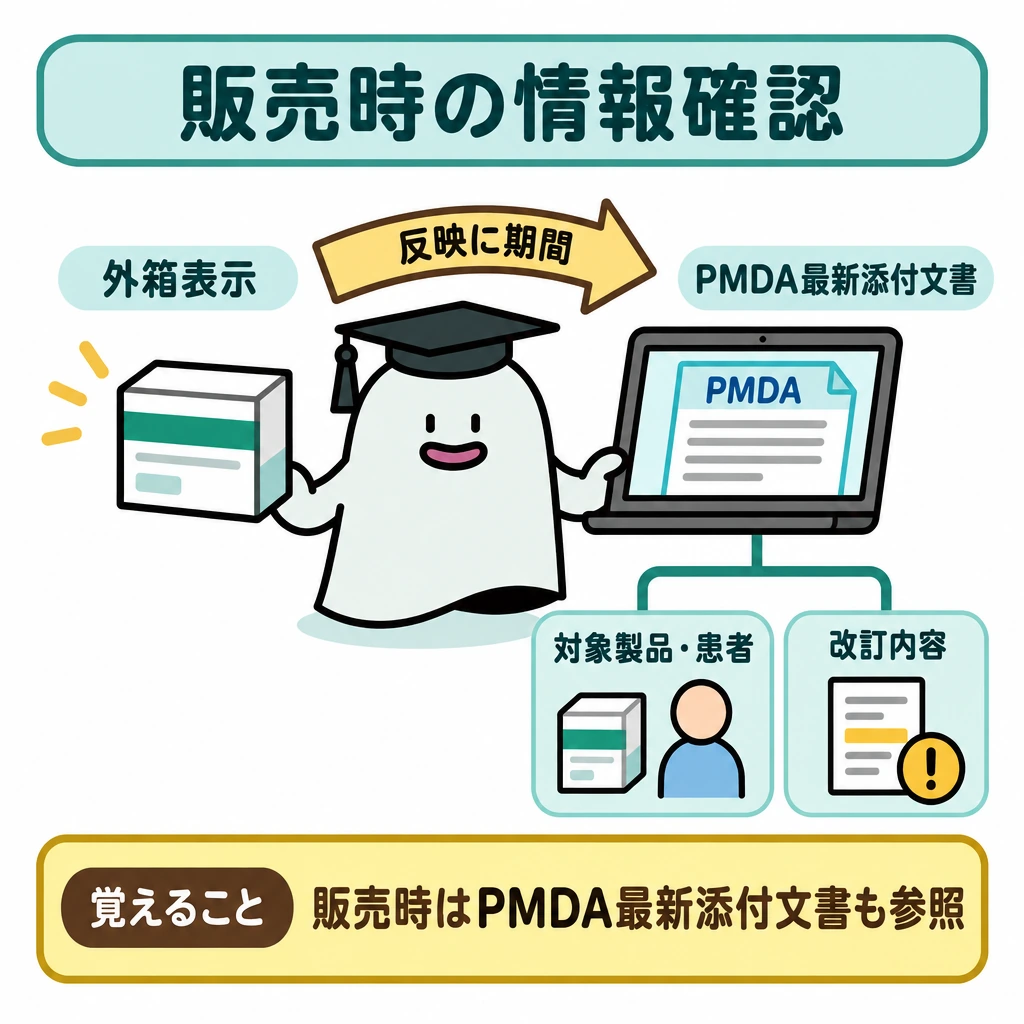 販売時の活用の図解。左に製品の外箱、右にPMDA掲載の最新添付文書を表示した端末を置き、外箱から端末へ「反映に期間」と記した矢印を引く。端末の下には、販売時に確認する対象製品・患者と改訂内容を並べる。