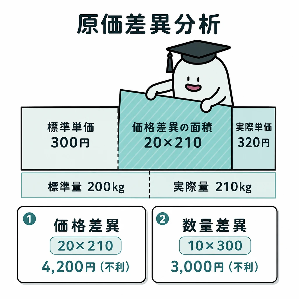 エルくんが価格差異の部品を置き、価格差異20×210=4,200円と数量差異10×300=3,000円の不利差異を別々に示す図。