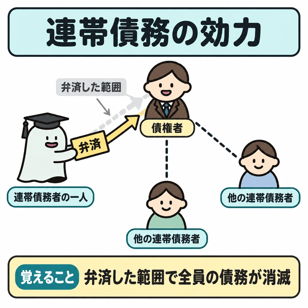連帯債務と相対効の図解。中央に債権者、周囲に連帯債務者を配置し、一人から債権者へ弁済の矢印を引く。全員の債務を示す線は、弁済した範囲だけを薄くして消滅を表す。