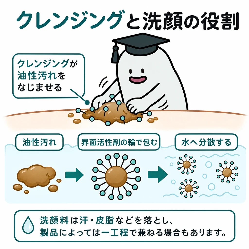 エルくんが説明する図解。油性汚れをクレンジングがなじませ、界面活性剤で水へ分散する図。