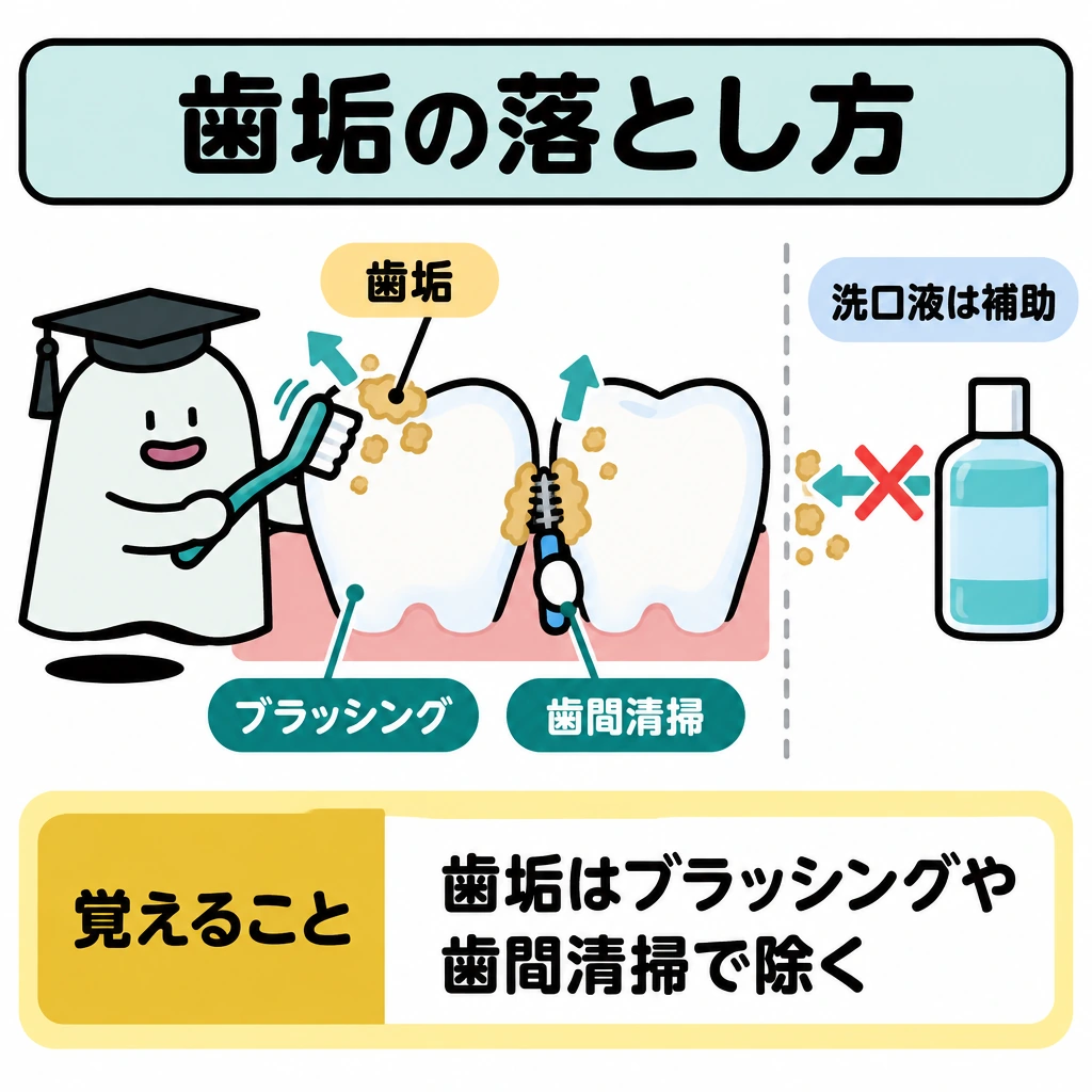 香料の時間変化・歯の清掃の図解。中央に歯2本を大きく描き、表面と歯間の歯垢が清掃で落ちる様子を矢印で示す。右端は仕切り線で分けて洗口液を小さく置き、歯垢へ向かう矢印を×で止める。