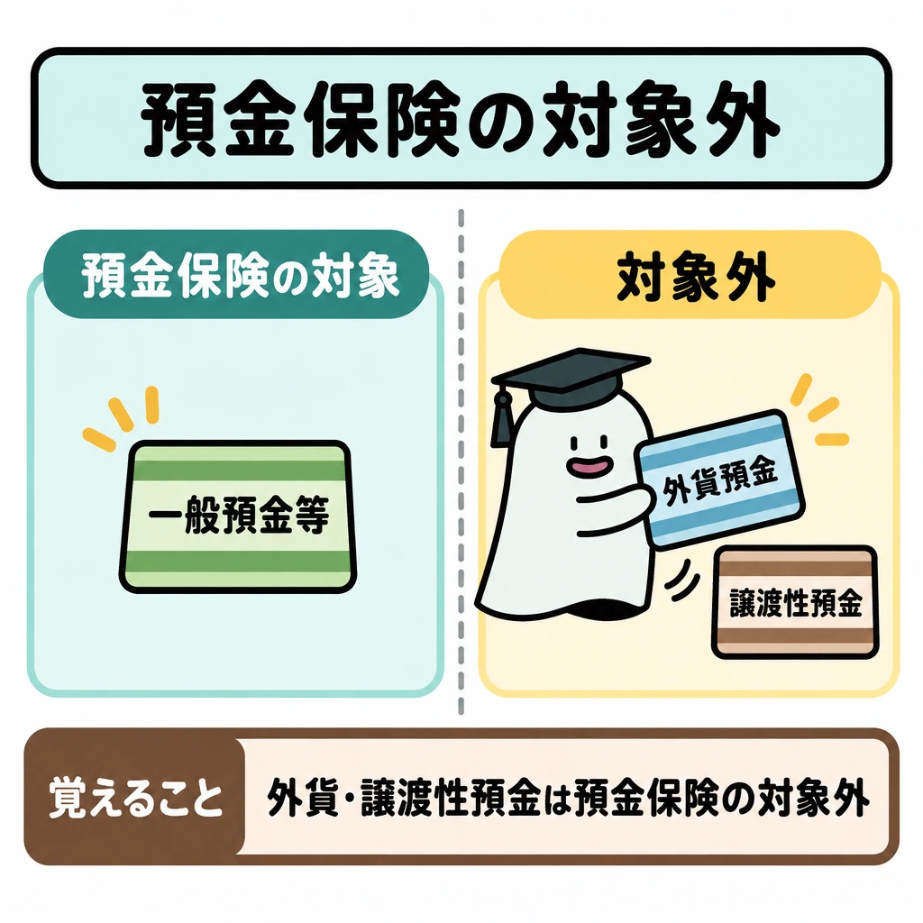 販売ルールとセーフティネットの数値の図解。中央の縦線で、左の「預金保険の対象」と右の「対象外」を仕切る。左に一般預金等、右に外貨預金と譲渡性預金を置き、矢印は使わない。