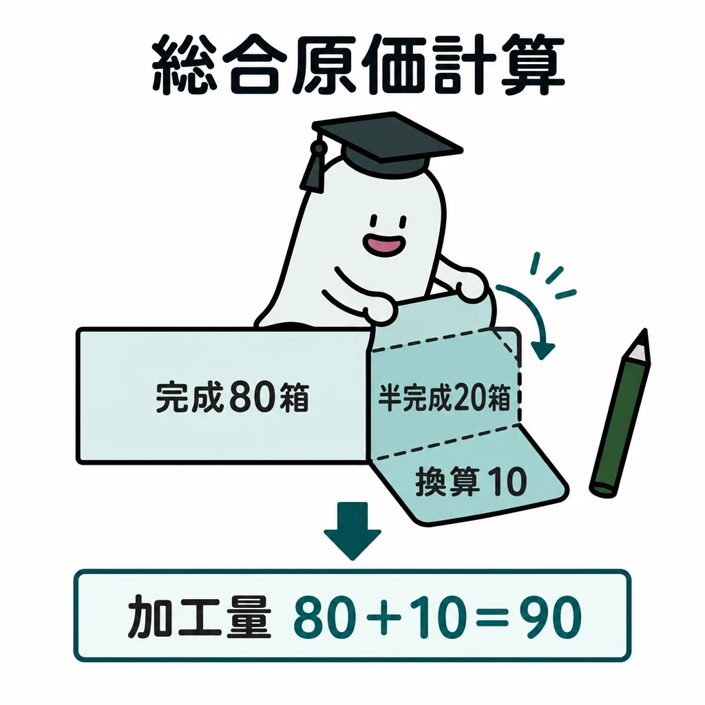 エルくんが説明する図解。完成80箱+半完成20箱を加工量80+10=90へ換算。
