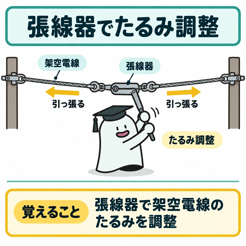 接続・配管・張線の工具の図解。画面上部に左右へ伸びる架空電線を描き、中央に取り付けた張線器と、電線を引っ張る向きの矢印を示す。下部の「覚えること」は細い線で図から仕切る。