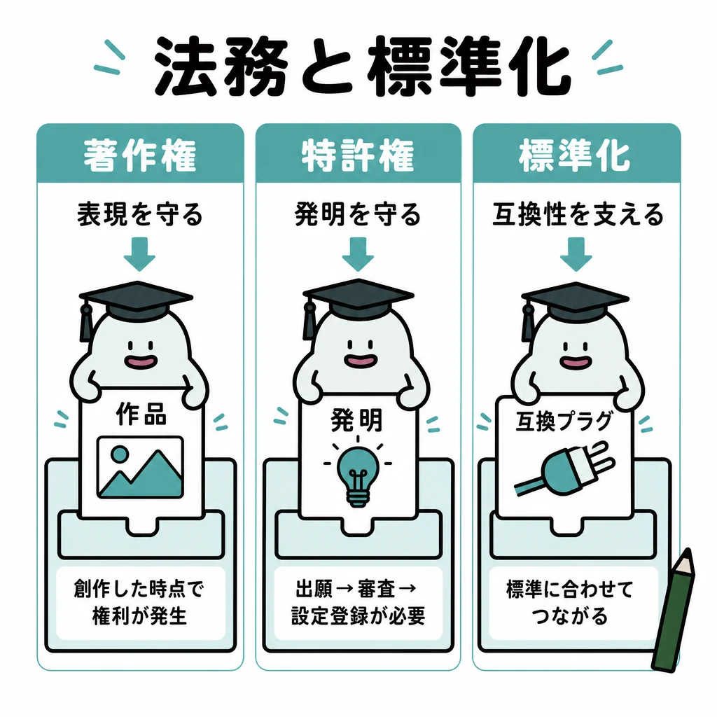 エルくんが説明する図解。表現を守る著作権・発明を守る特許・互換性を支える標準化の三列比較。