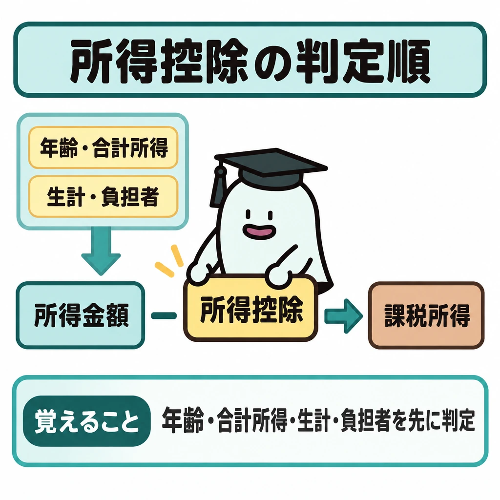 所得控除の種類と判定順の図解。左上に「年齢・合計所得」「生計・負担者」の確認欄を置き、下向き矢印で中央の「所得控除」へつなぐ。中央から右へ「所得金額 − 所得控除 → 課税所得」の順に並べ、条件を先に判定してから差し引く流れを示す。