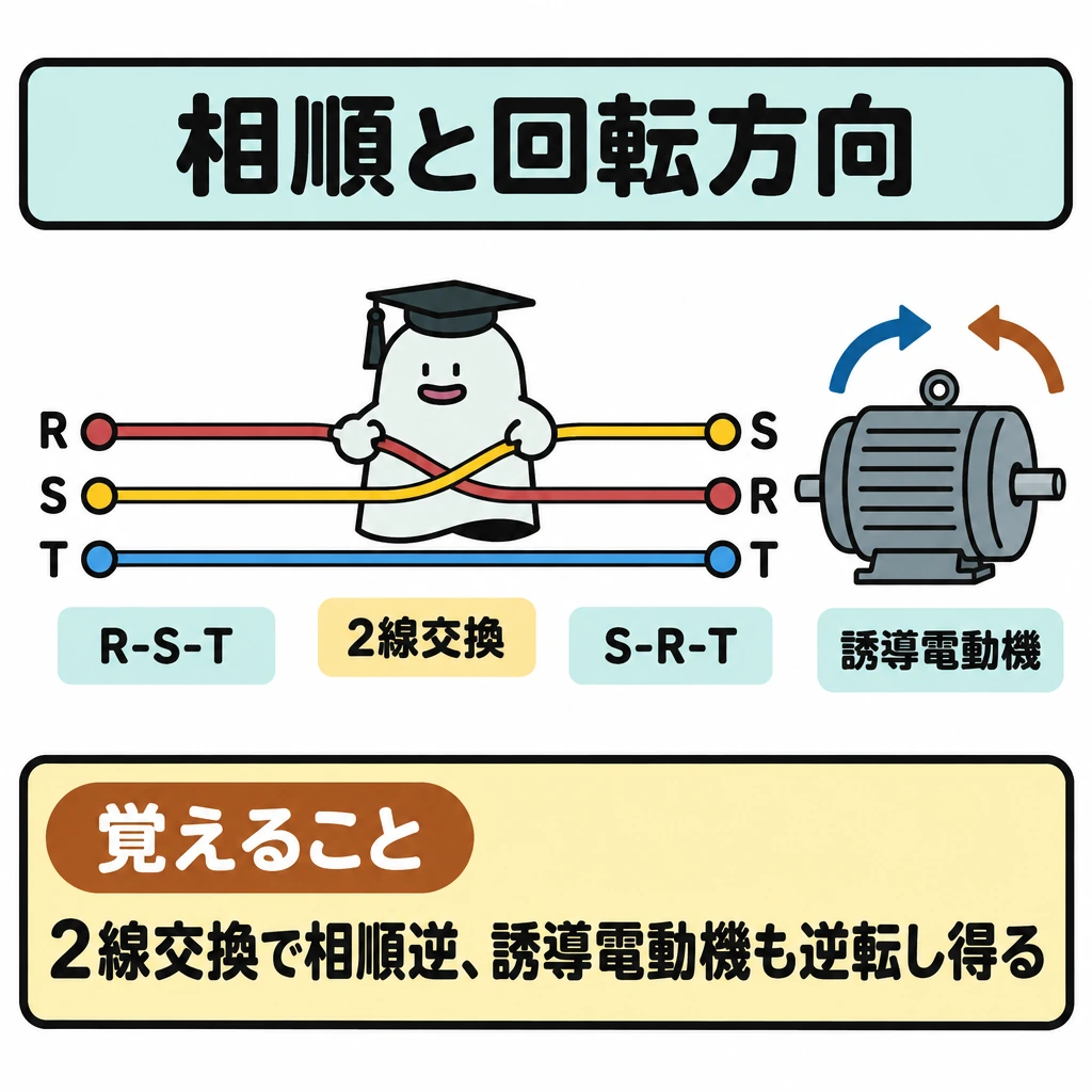 Y・Δ結線と回転方向の図解。左から右へ3本の線を1組だけ描き、中央でR線とS線を入れ替えて「R-S-T」→「S-R-T」を示す。右端の誘導電動機には、回転方向が逆になり得ることを示す曲矢印を添える。