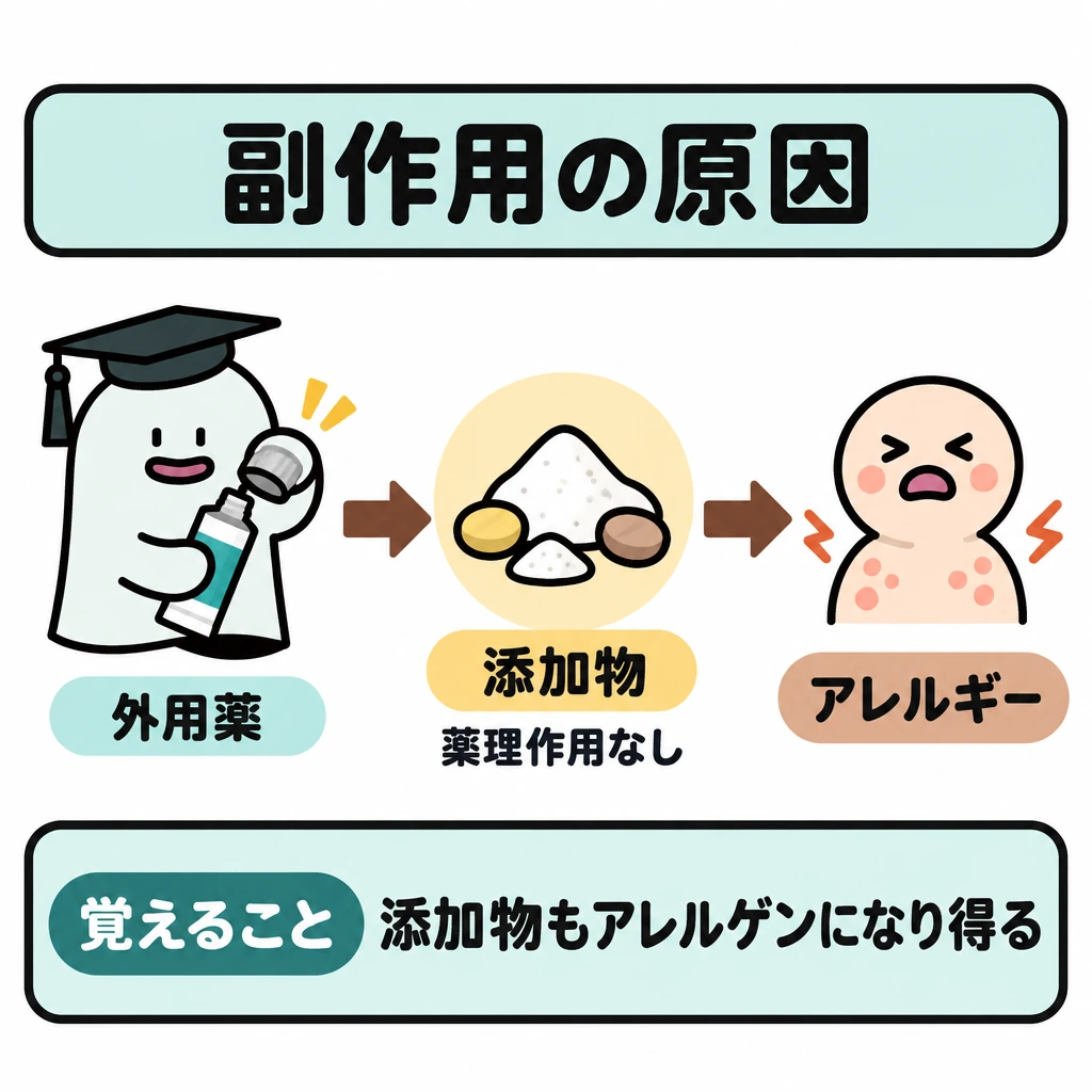 副作用・乱用・相互作用・品質の図解。左下のエルくんが扱う外用薬から、中央の「添加物」を経て、右側の「アレルギー」へ矢印をつなぐ。「添加物」の下に「薬理作用なし」を添え、薬理作用とは関係なく起こる経路だと示す。