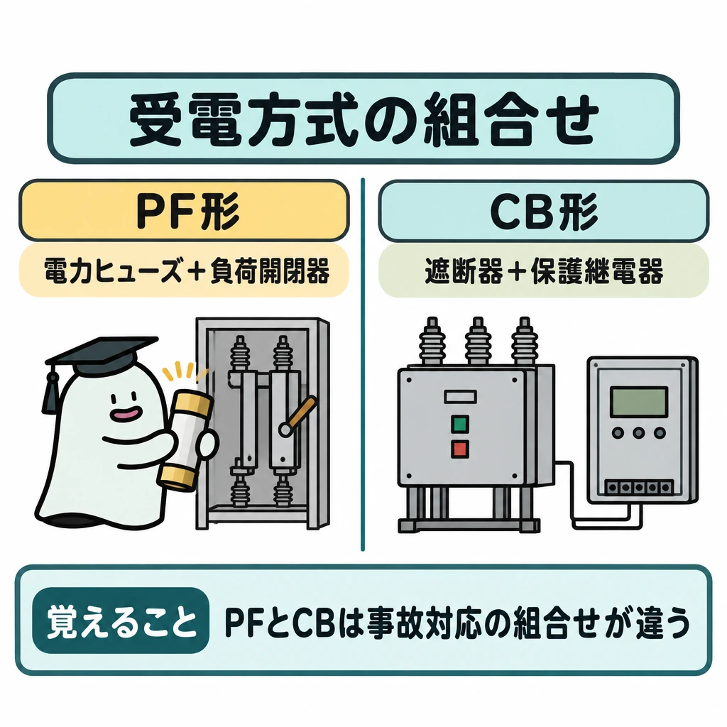 基本の仕組みの図解。中央の縦仕切りで左をPF形、右をCB形に分ける。左は電力ヒューズと負荷開閉器、右は遮断器と保護継電器をそれぞれ一組として並べ、事故対応の構成を比較する。