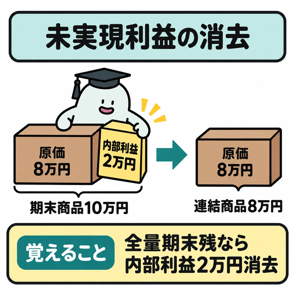 基本の仕組みの図解。中央に期末商品10万円を「原価8万円」と「内部利益2万円」の2区画で描く。エルくんが利益の区画を取り外し、右向き矢印の先に残った「連結商品8万円」を示す。
