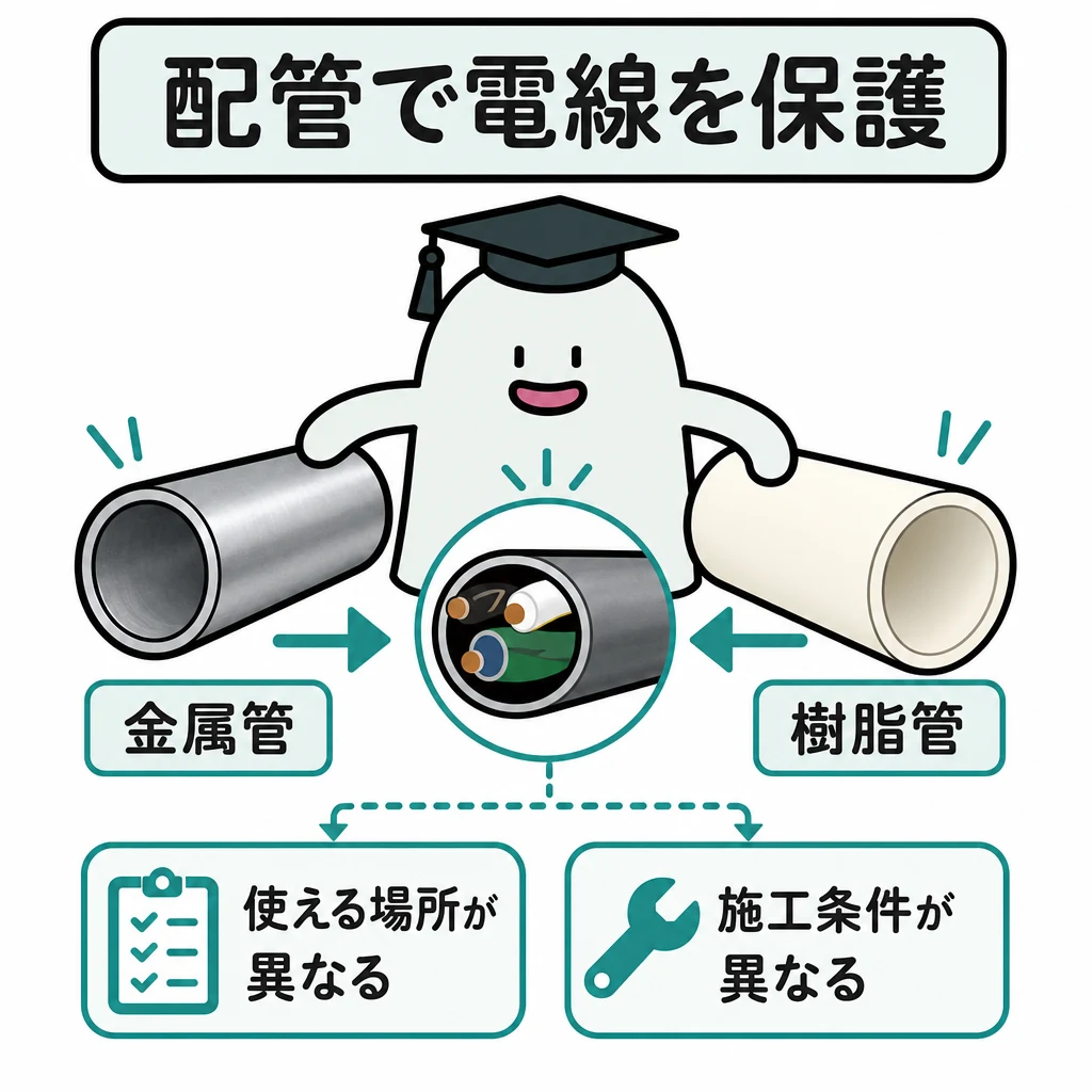 配管で電線を保護。中央にケーブルを囲む管の断面、左に金属管、右に樹脂管。