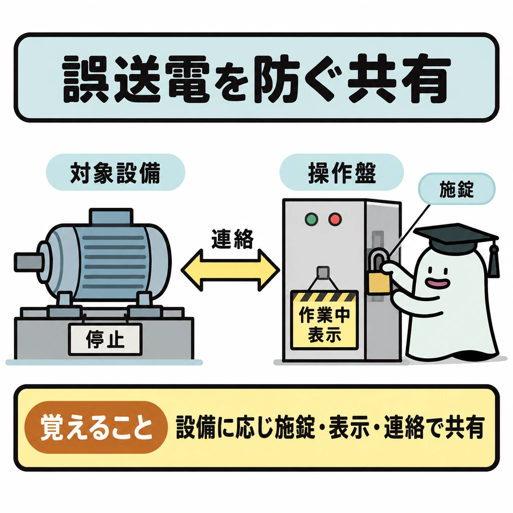 基本の仕組みの図解。左に停止した対象設備、右に操作盤を置き、間を「連絡」の双方向矢印で結ぶ。操作盤には施錠と作業中表示を別々に描き、対象と状態を共有する関係を示す。