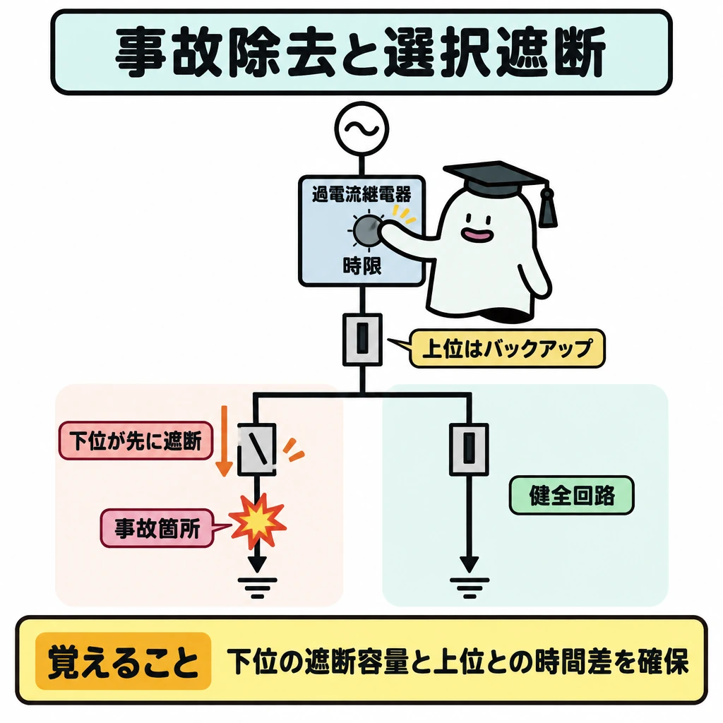 事故除去と選択遮断の図解。電源から下へ伸びる回路を左右に分け、左の事故回路では事故箇所に近い下位遮断器を開いた状態、右の健全回路はつながった状態で描く。分岐より上の遮断器は閉じてバックアップとして示し、事故箇所から下位遮断器へ「先に遮断」の矢印を付ける。