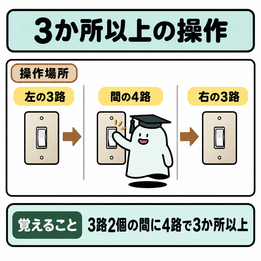 コンセントとスイッチの用途の図解。正方形の中央に、仕切りで分けた3つの操作場所を左から「3路・4路・3路」の順に並べ、矢印は配置の順序だけを示す。中央の4路が両端の3路の間にあることを強調し、結線図にはしない。