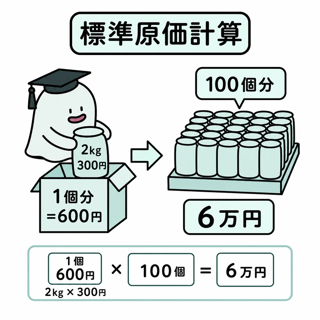 エルくんが説明する図解。1個2kg×300円=600円を100個へ拡大して6万円。