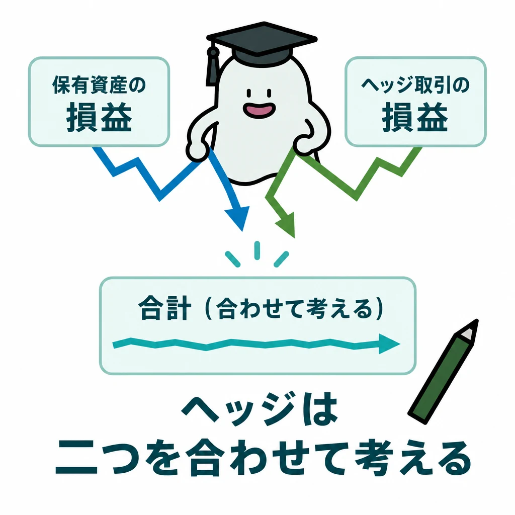 保有資産の損益とヘッジ取引の損益が逆方向に動き、合計の変動を抑える図