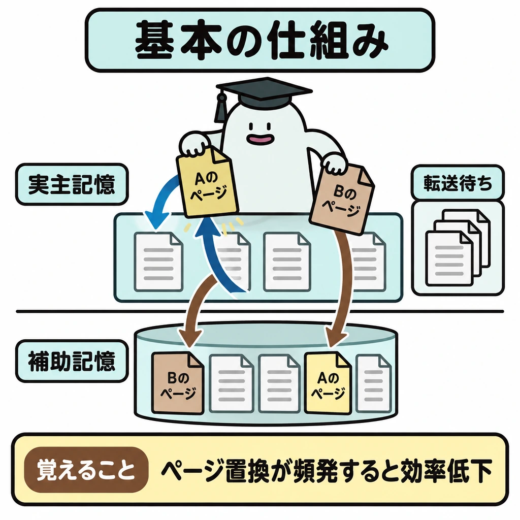 基本の仕組みの図解。中央上に空きのない実主記憶、中央下に補助記憶を置き、横線で仕切る。Bのページを下へ追い出してAのページを上へ入れ、処理がBへ切り替わるとBを再び読み込む流れを循環する矢印で示し、脇に転送待ちを置く。