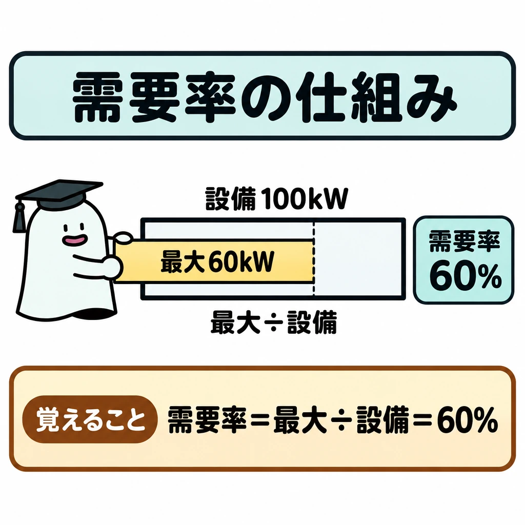 基本の仕組みの図解。中央に設備100kWを表す横長の枠を置き、その左端から最大60kWを表す色付きの棒を枠の6割まで入れる。枠の下に「最大÷設備」、右側に「需要率60%」を配置する。